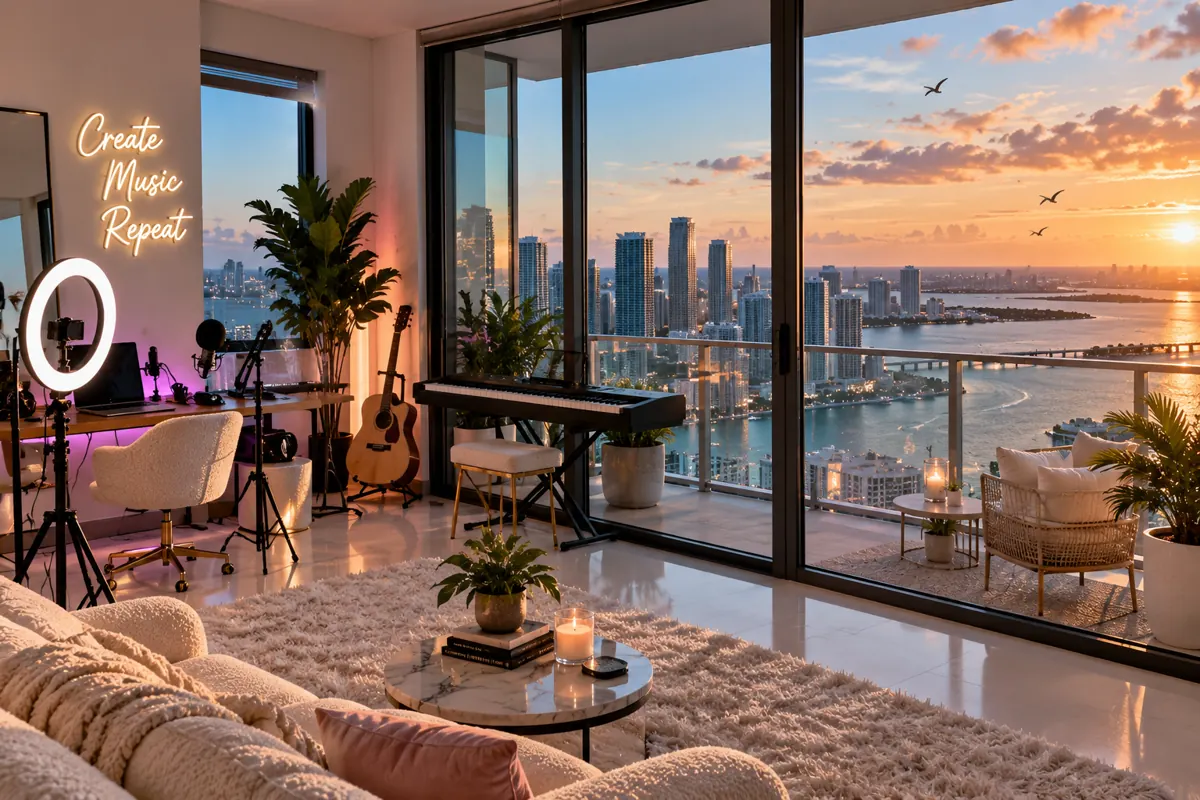 Illustration of a high-rise Miami condo with a music and video setup, a keyboard and guitar, and a balcony view of Biscayne Bay at sunset