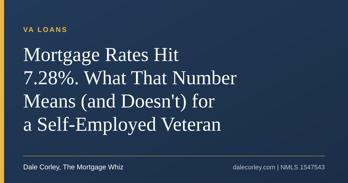 Title card: Mortgage Rates Hit 7.28%, What It Means for a Self-Employed Veteran, Dale Corley, The Mortgage Whiz